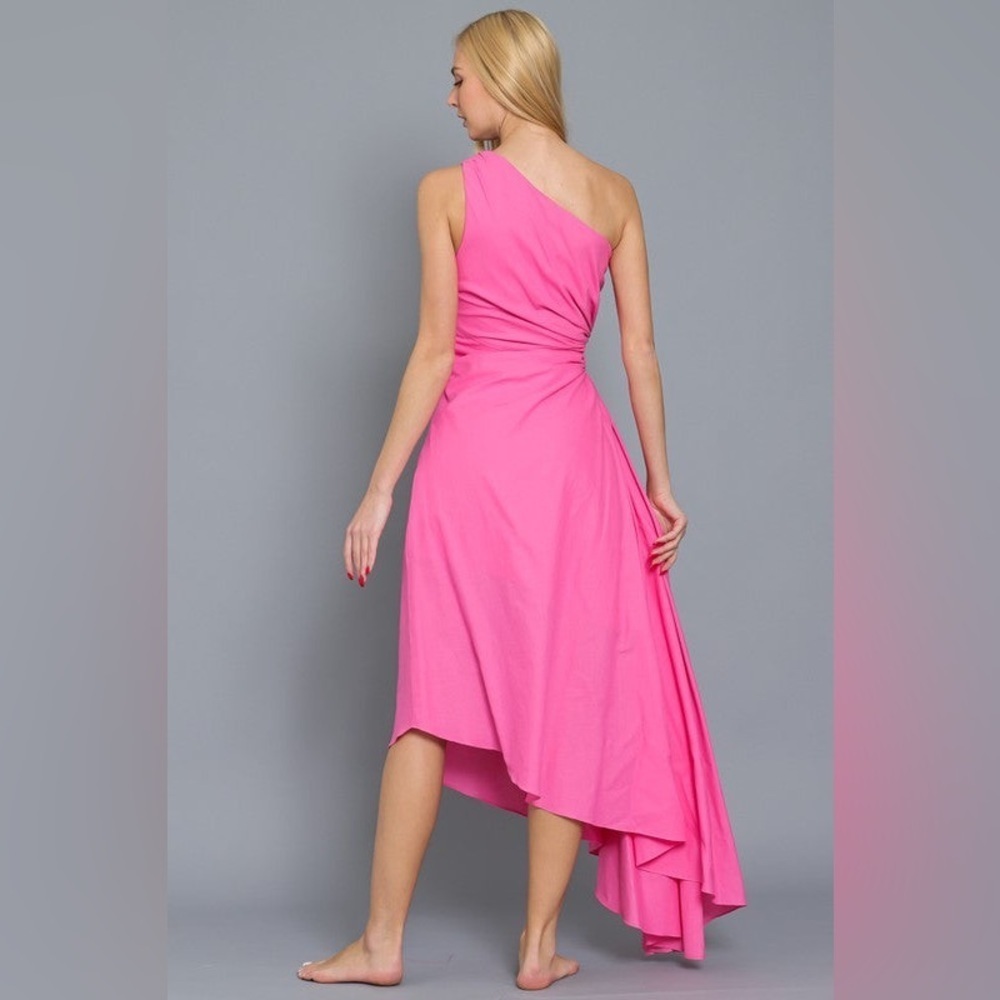 Aakaa Women's Small Bubblegum Pink One Shoulder Asymmetric Gown Linen Cut Out - Picture 3 of 16
